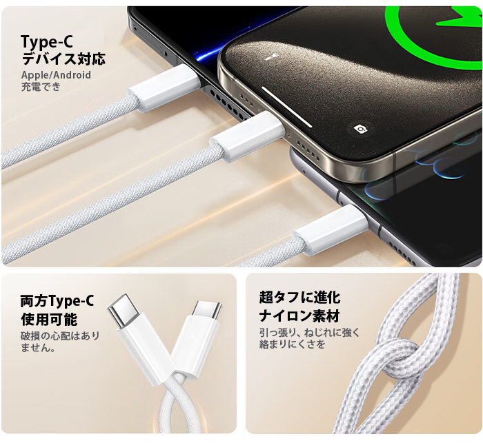 USB-C ケーブル Type-C ケーブル C to C 0.25/0.5/1/2m PD対応 E-Marker 急速充電 iPhone17/16/15 Android MacBook 4