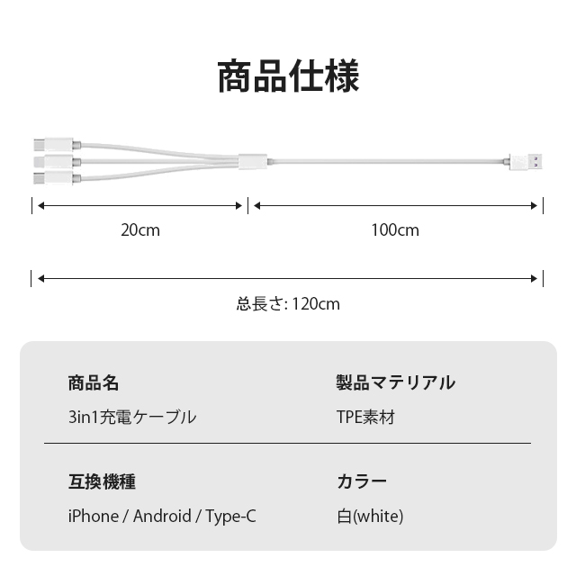 【3in1】充電ケーブル 3A 急速充電 データ転送 1.2m 充電ケーブル Lightning Type-C / iPhone / Android 同時給電可 急速充電器 USB iPhoneケーブル 高耐久 14