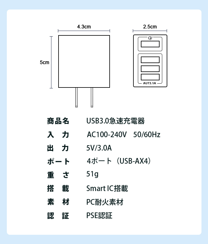 USB 4ポート充電器 Quick Charge 3.0 急速充電 ACアダプター 4台同時充電 コンパクト 軽量 iPhone Android対応 安全保護 15