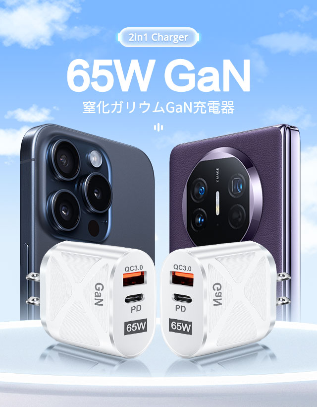65W GaN 急速充電器 USB-C PD対応 ACアダプター 2ポート同時充電 PSE認証 QC3.0対応 コンパクト ケーブル付き 2