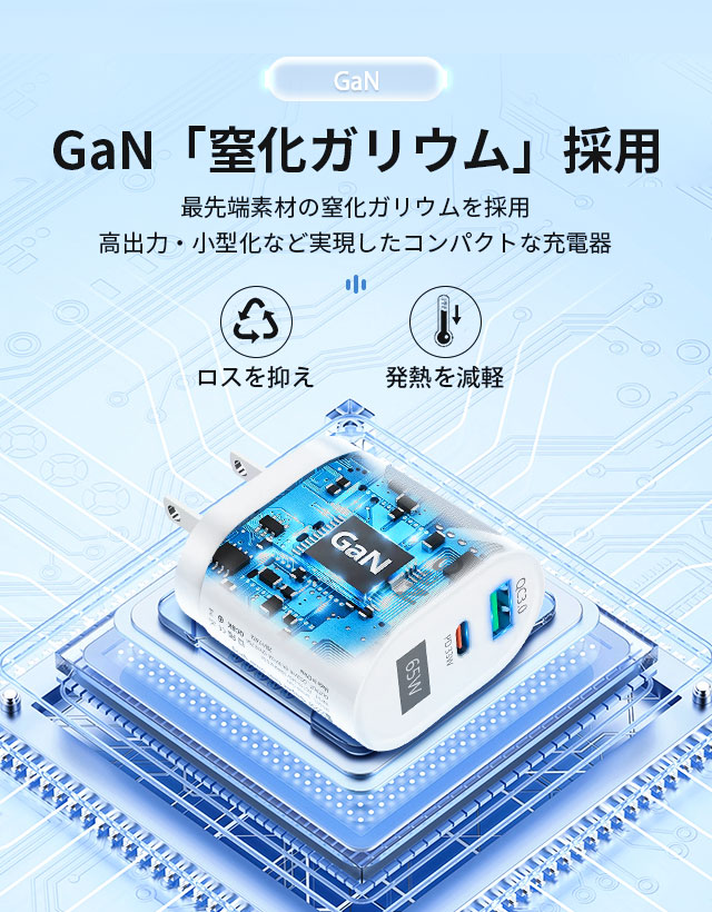 65W GaN 急速充電器 USB-C PD対応 ACアダプター 2ポート同時充電 PSE認証 QC3.0対応 コンパクト ケーブル付き 6