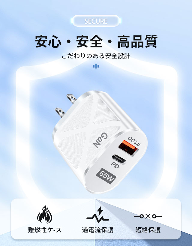 65W GaN 急速充電器 USB-C PD対応 ACアダプター 2ポート同時充電 PSE認証 QC3.0対応 コンパクト ケーブル付き 8