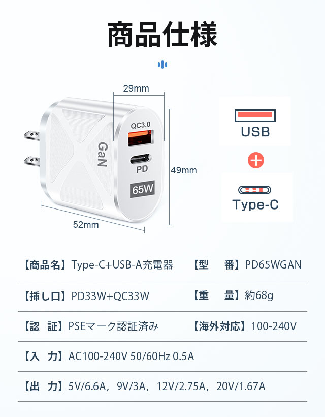 65W GaN 急速充電器 USB-C PD対応 ACアダプター 2ポート同時充電 PSE認証 QC3.0対応 コンパクト ケーブル付き 14