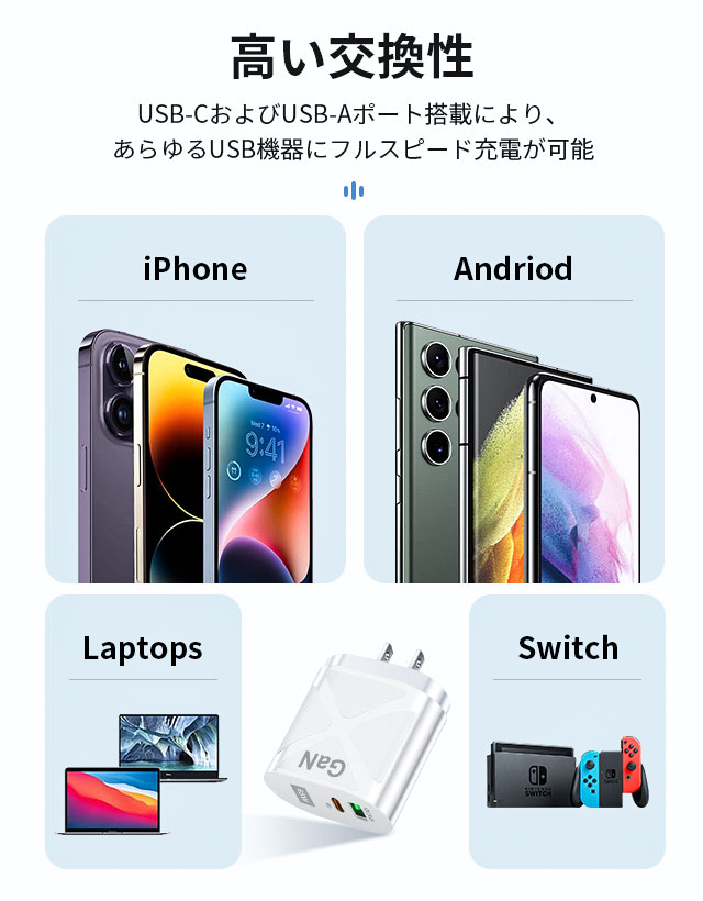 65W GaN 急速充電器 USB-C PD対応 ACアダプター 2ポート同時充電 PSE認証 QC3.0対応 コンパクト ケーブル付き 16