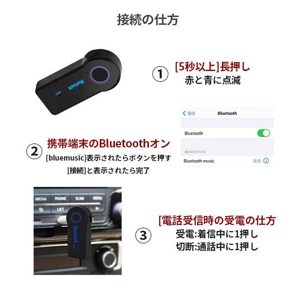 Bluetooth 受信機 車載レシーバー AUX3.5mm Bluetoothアダプタ オーディオ 無線 受信機 音楽再生 通話 接続 レシーバー ワイヤレス 10