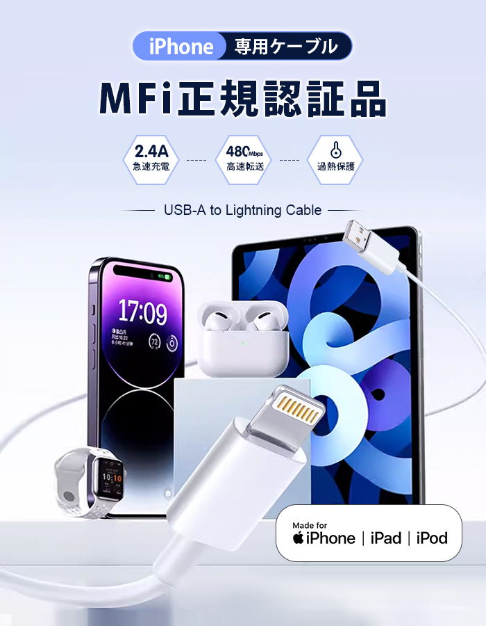充電 ケーブル USB ケーブル iPhone ケーブル 0.25m/0.5m/1m/2m 高品質 AppleMFI認証品 充電器 断線強い 丈夫 iPhone/iPad対応 2.4A 急速充電 2