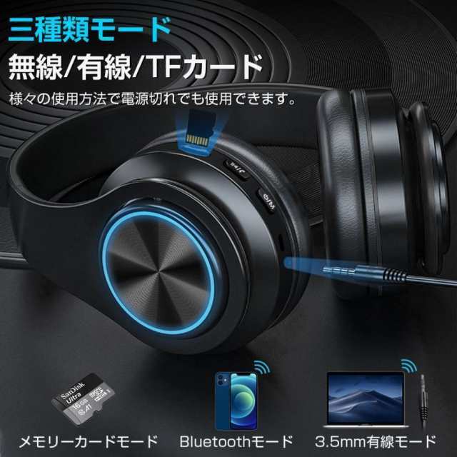 ワイヤレスヘッドホン ヘッドホン Bluetooth 5.2 無線 有線 SDカード対応 長時間再生 密閉型 マイク内蔵 折り畳み式 ハンズフリー通話 8