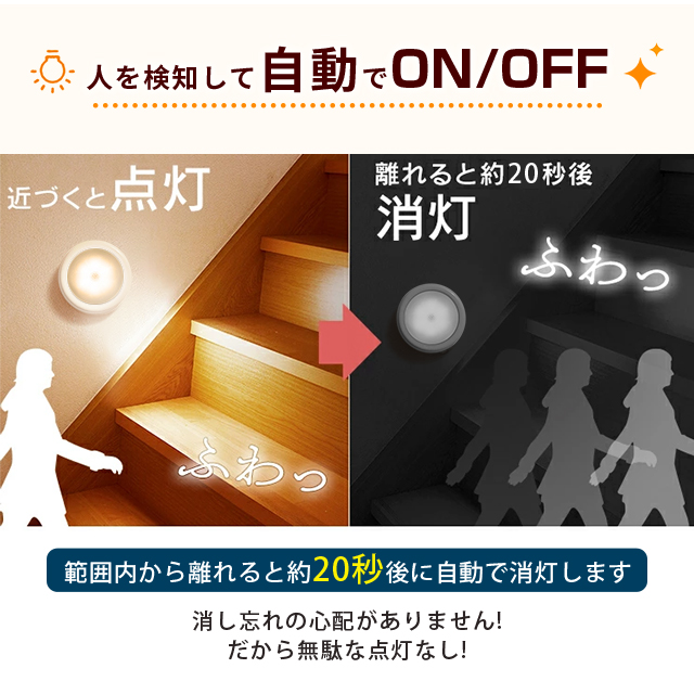 センサーライト LED 室内 しゃれ 明るい 電池式 配線不要 人感センサー 足元灯 安全灯 常夜灯 防犯ライト 屋内 補助照明 自動 点灯 消灯 両面テープ 照明 廊下 6