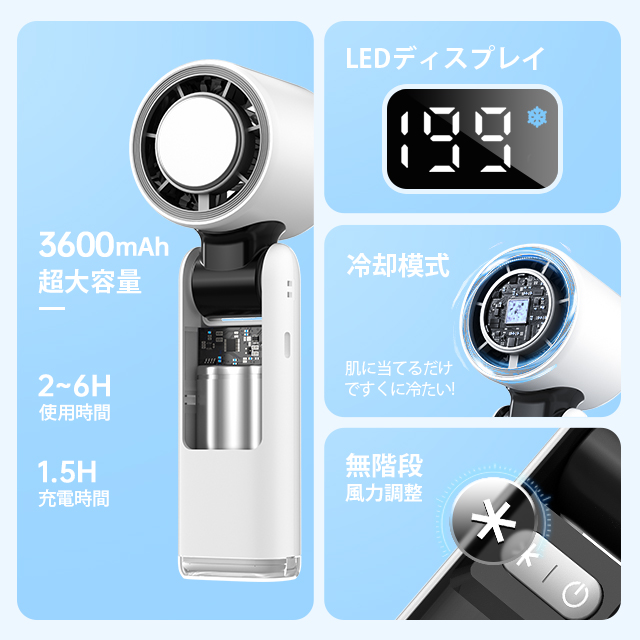 ハンディファン 携帯扇風機 扇風機 小型 -25℃ 冷却プレート 3600mAh LED残量表示 手持ち扇風機 90°折り畳み 100段階調整 静音設計 携帯用 手持ち＆卓上両用 2