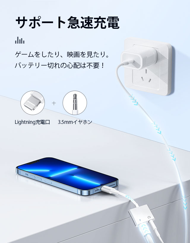 iPhone 変換アダプター 2in1 イヤホン 3.5mm イヤホンジャック 変換 + 充電 iPhone/iPad接続 変換ケーブル イヤホン変換 音量調整 充電機 10