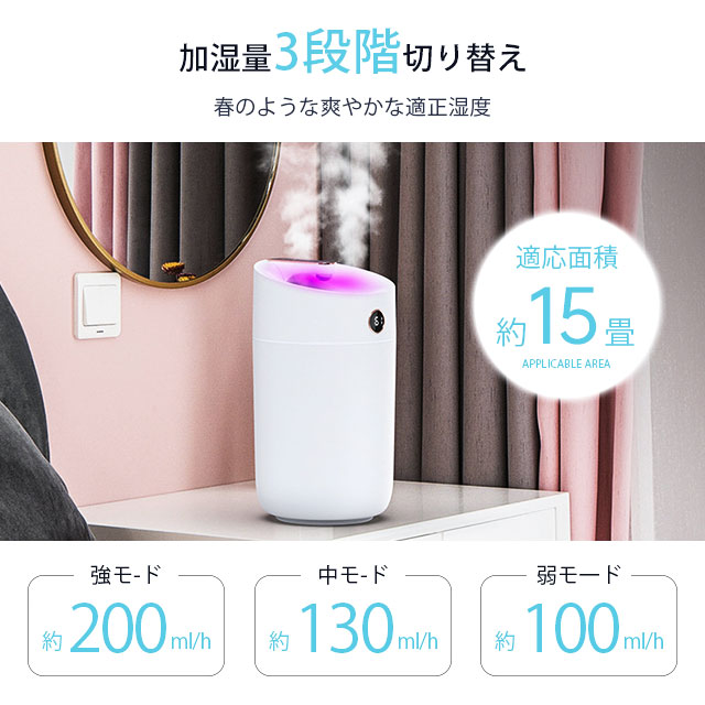 加湿器 超音波式 大容量 3L 卓上 空気加湿機 上部給水 USB給電 3段階調節 自動湿度調節 焚き防止 静音 節電 省エネ コンパクト 寝室 オフィス 7
