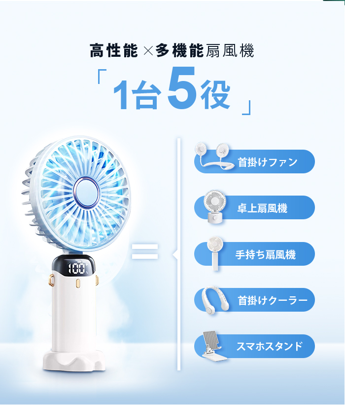 扇風機 ハンディファン 携帯扇風機 首掛け 手持ち 卓上 スタンド 静音 強風 冷却 ハンディ扇風機 折りたたみ 夏対策 5