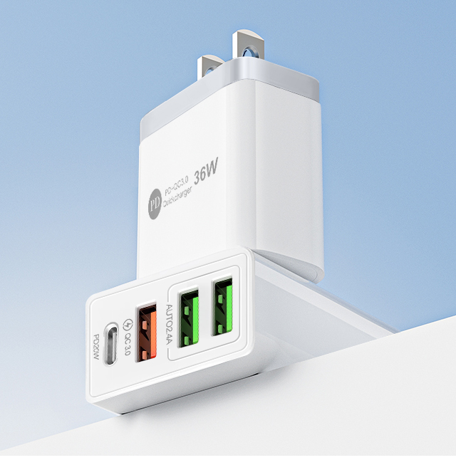 4in1 AC/USBアダプター 4ポート 36W急速充電器 usb電源アダプタ PD対応 PD20W充電器 iPhone15充電 QC3.0対応 iPhone Android スマホなど 16